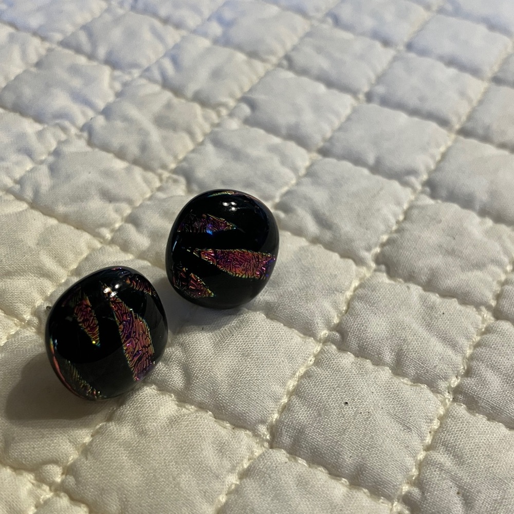 Handmade Dichroic Black Glass Stud Earrings with Iridescent Purple Accent